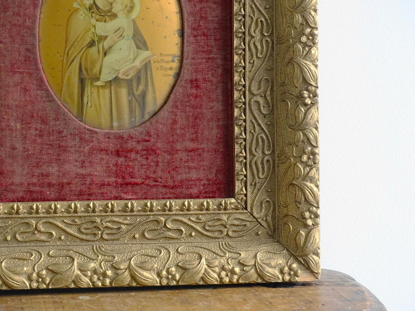 Antique French Lithograph Print of St. Antoine de Padoue or Saint Anthony of Padua in Gold Frame with Red Velvet Inset 