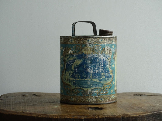 Antique French Lourdes Water Flask Souvenir Blue Tin