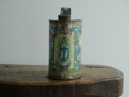 Antique French Lourdes Water Flask Souvenir Blue Tin