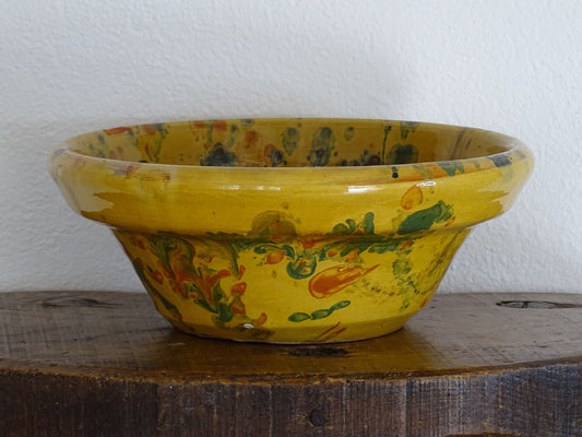 Antique French Marbled Jaspe Bowl or Slipware Bowl  in Yellow Ochre, marbled with orange, blue and green.