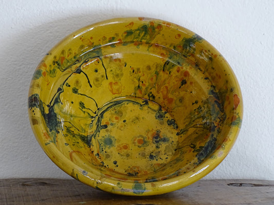 Antique French Marbled Jaspe Bowl or Slipware Bowl  in Yellow Ochre, marbled with orange, blue and green.