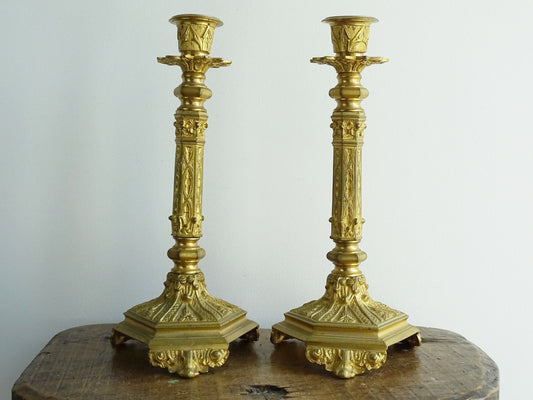 Antique 19th Century French Ormolu Candlesticks, Antique gilt Candle Holders