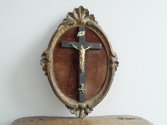 Antique French Oval Framed Crucifix with Gilt Frame and Brown Velvet Background