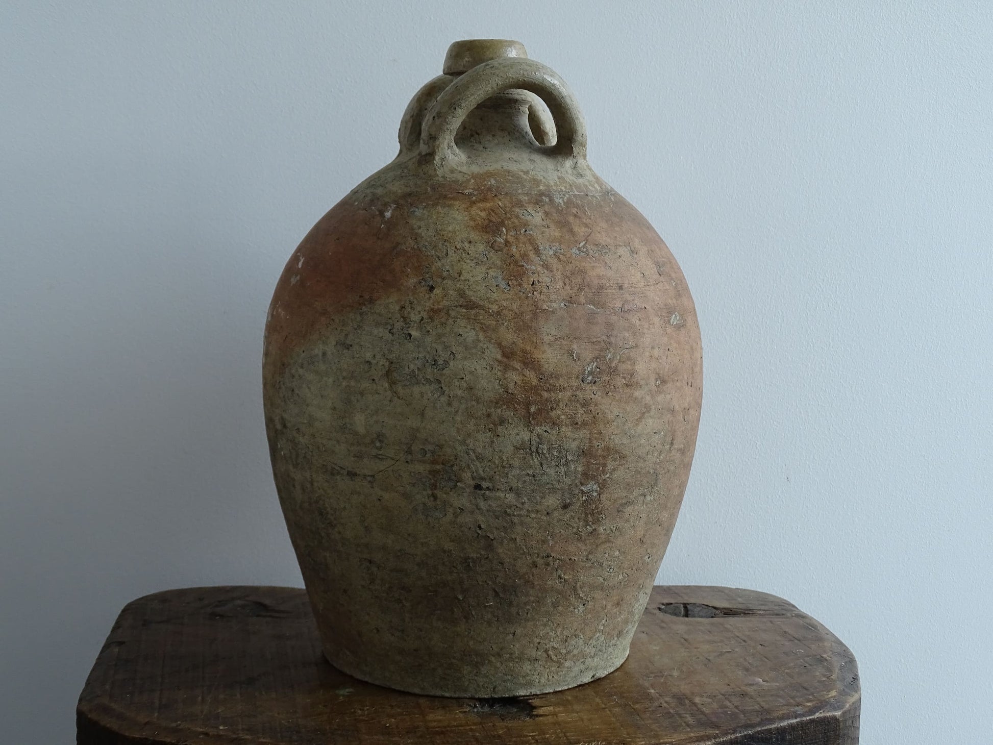 Large Antique French Earthenware Pitcher with Two Loop Handles and Spout