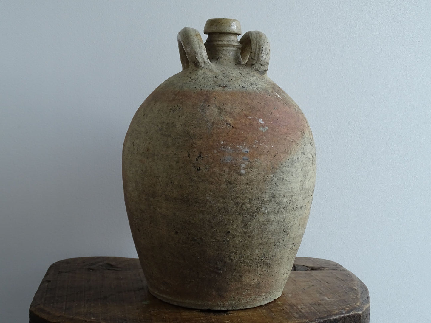 Large Antique French Earthenware Pitcher with Two Loop Handles and Spout