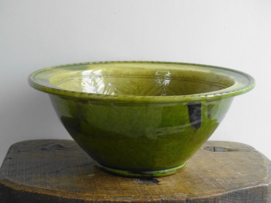 Antique French Terracotta Bowl with Green Glaze and Diamond Pattern