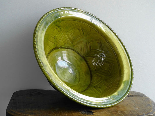 Antique French Terracotta Bowl with Green Glaze and Diamond Pattern