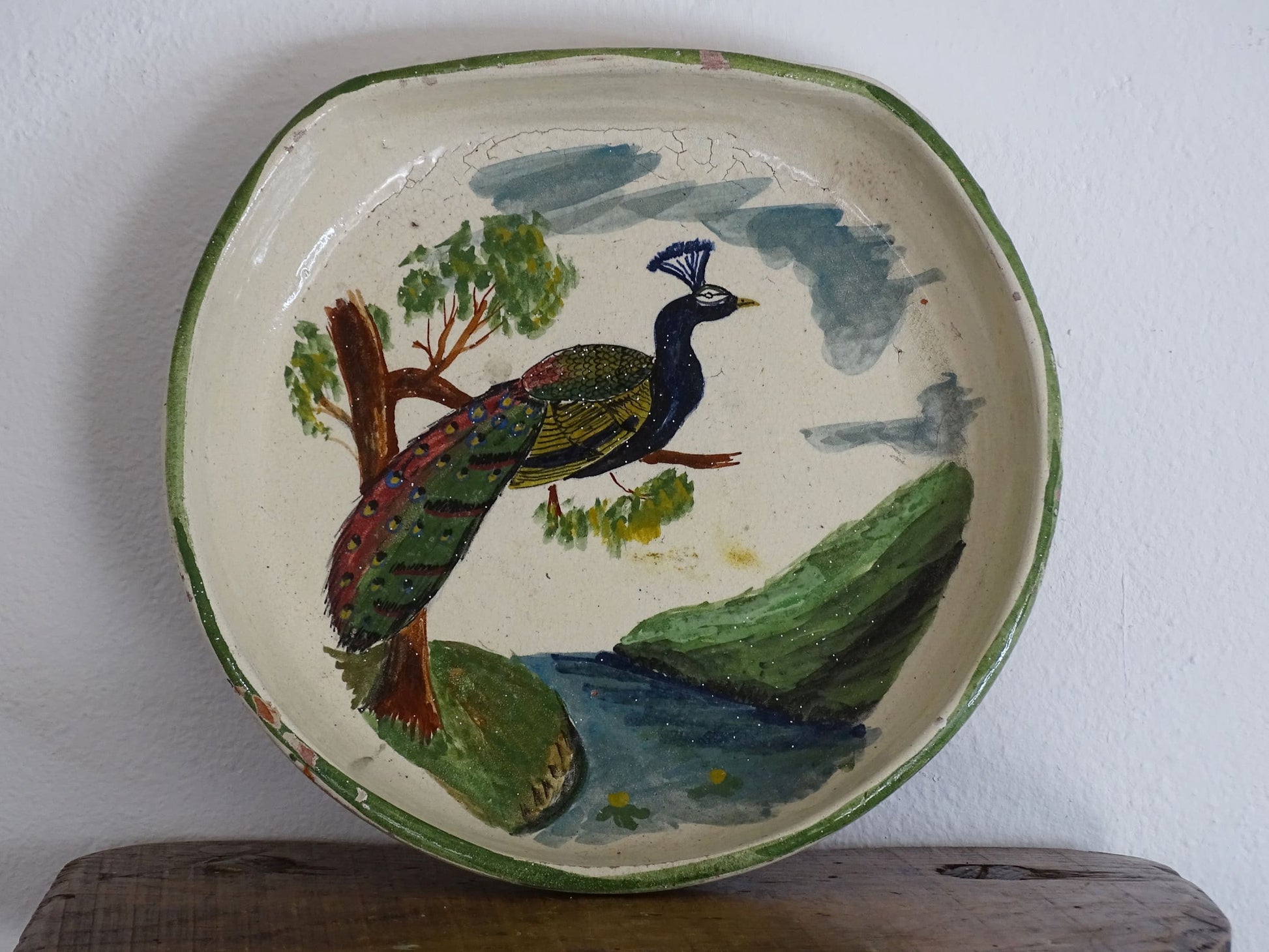 Antique French Terracotta Bowl with Hand-Painted Peacock