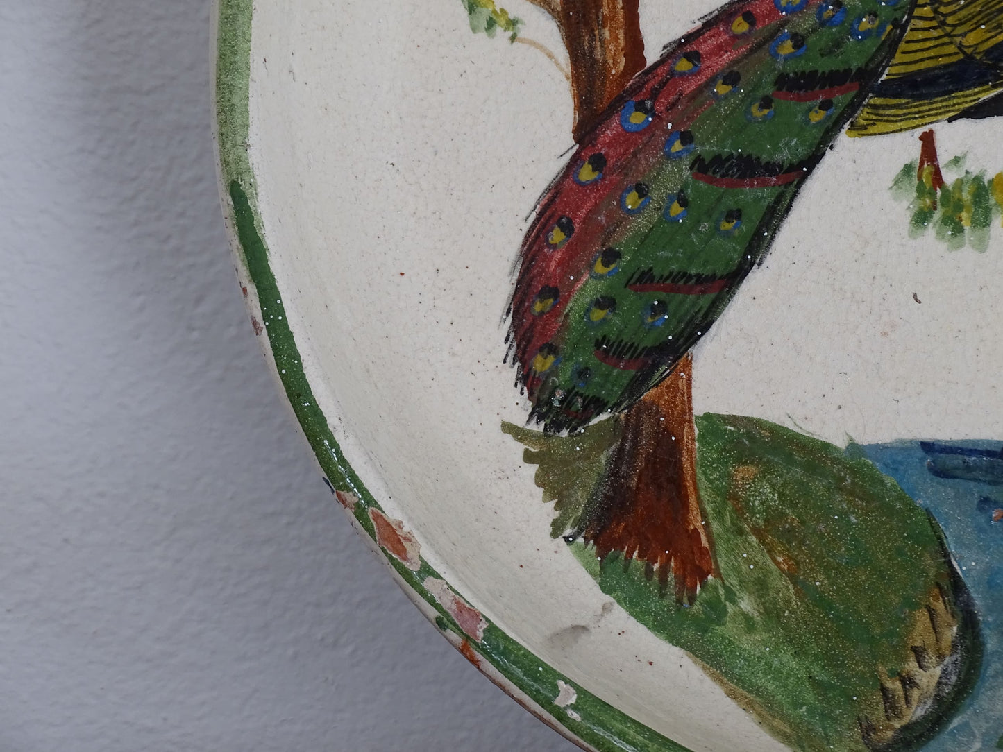 Antique French Terracotta Bowl with Hand-Painted Peacock