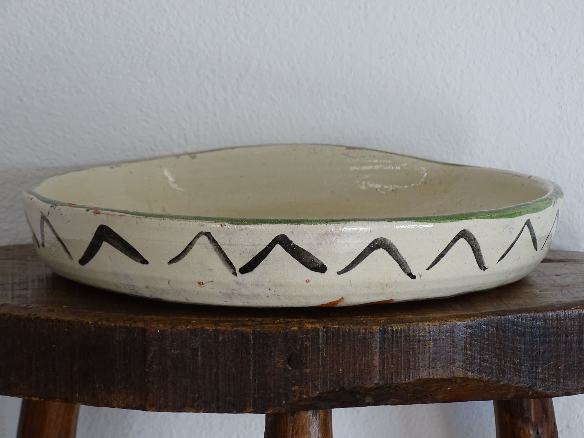 Antique French Terracotta Bowl with Hand-Painted Peacock