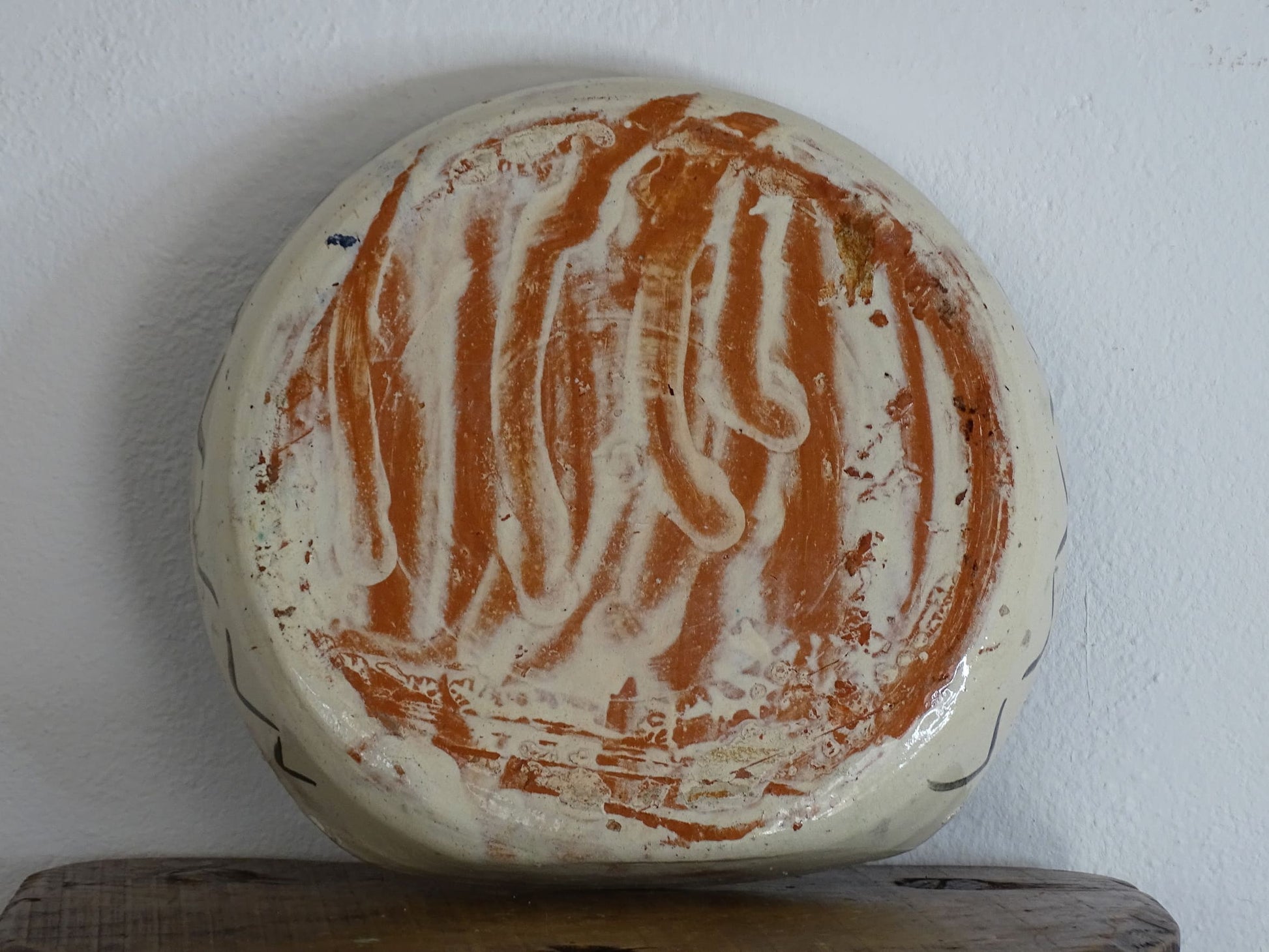 Antique French Terracotta Bowl with Hand-Painted Peacock