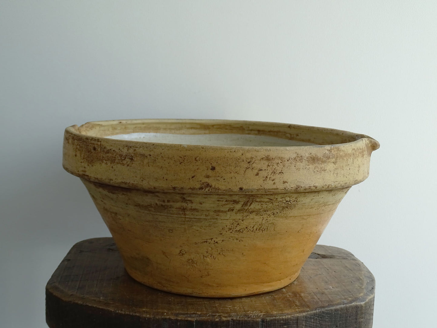 Antique French Terracotta Tian Bowl with Oatmeal Glaze Interior. Rustic terracotta bowl for a farmhouse kitchen