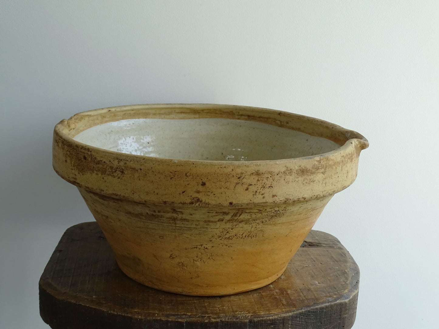 Antique French Terracotta Tian Bowl with Oatmeal Glaze Interior. Rustic terracotta bowl for a farmhouse kitchen