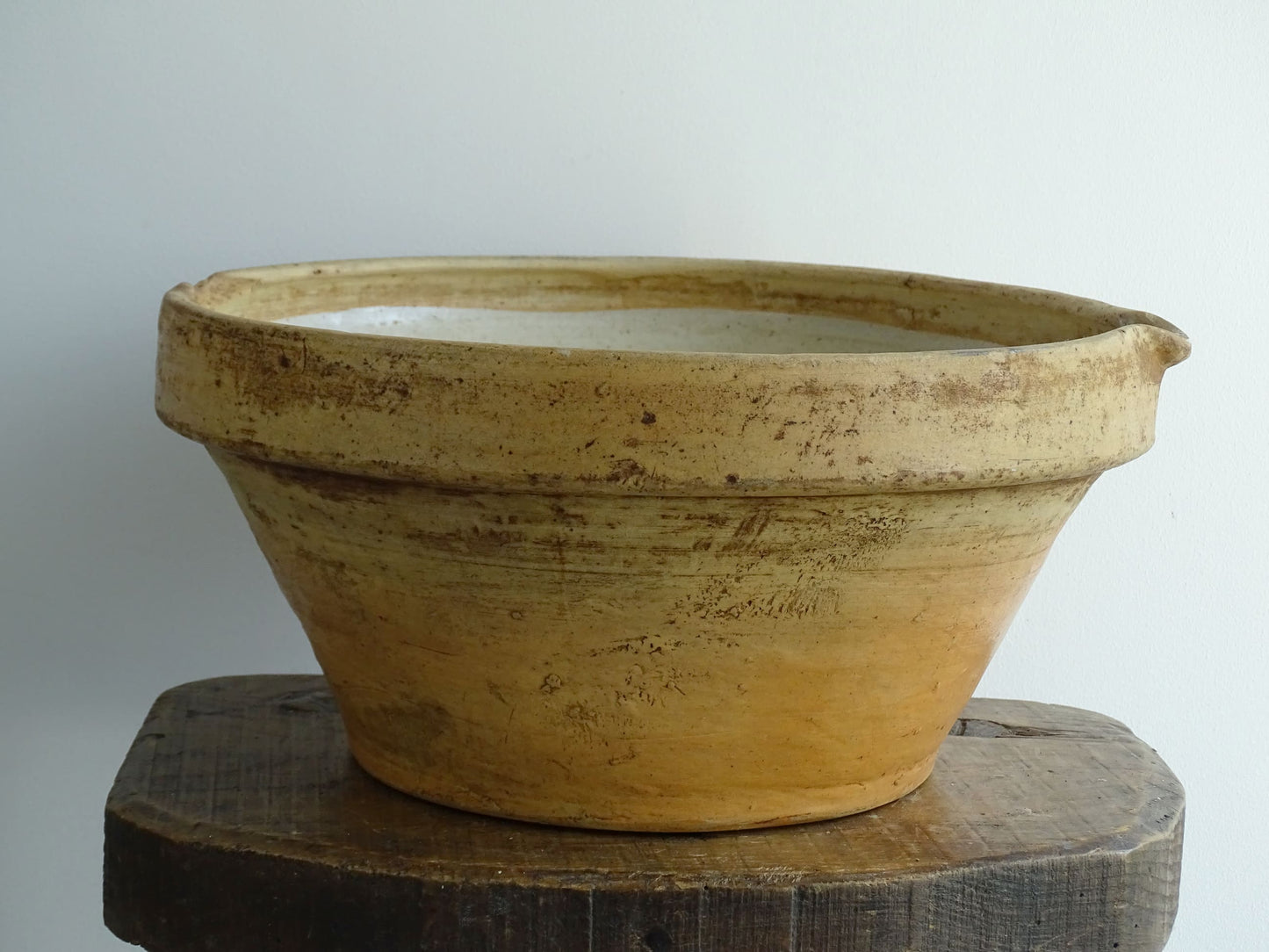 Antique French Terracotta Tian Bowl with Oatmeal Glaze Interior. Rustic terracotta bowl for a farmhouse kitchen