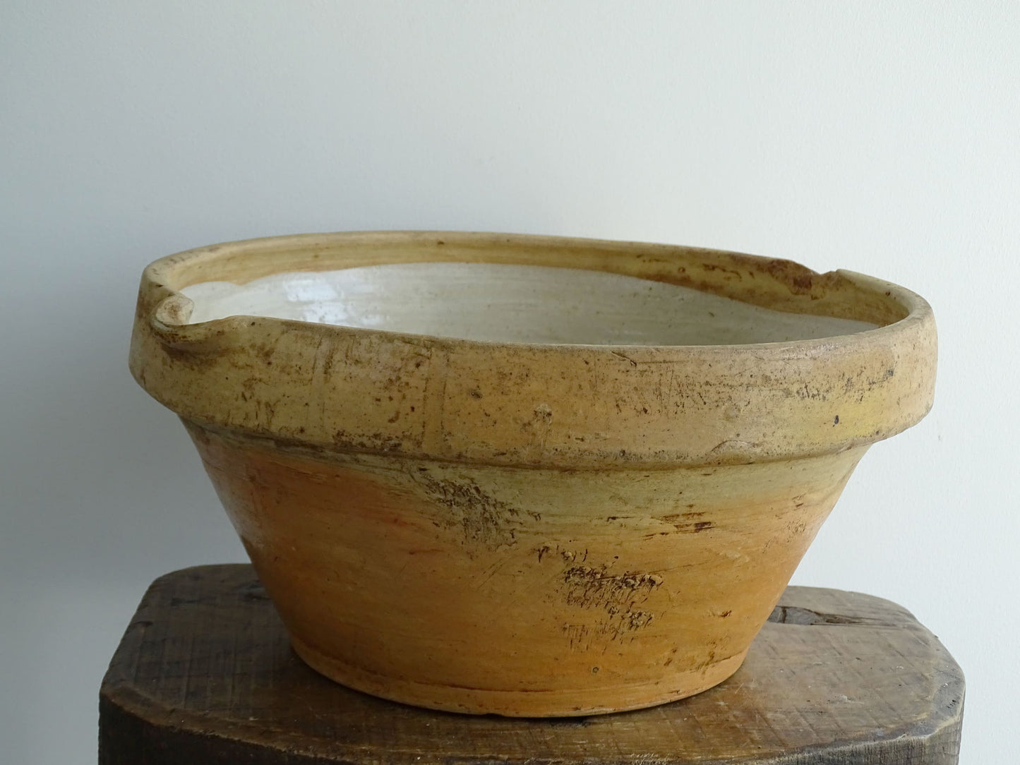 Antique French Terracotta Tian Bowl with Oatmeal Glaze Interior. Rustic terracotta bowl for a farmhouse kitchen