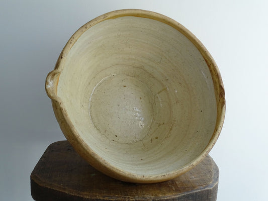 Antique French Terracotta Tian Bowl with Oatmeal Glaze Interior. Rustic terracotta bowl for a farmhouse kitchen