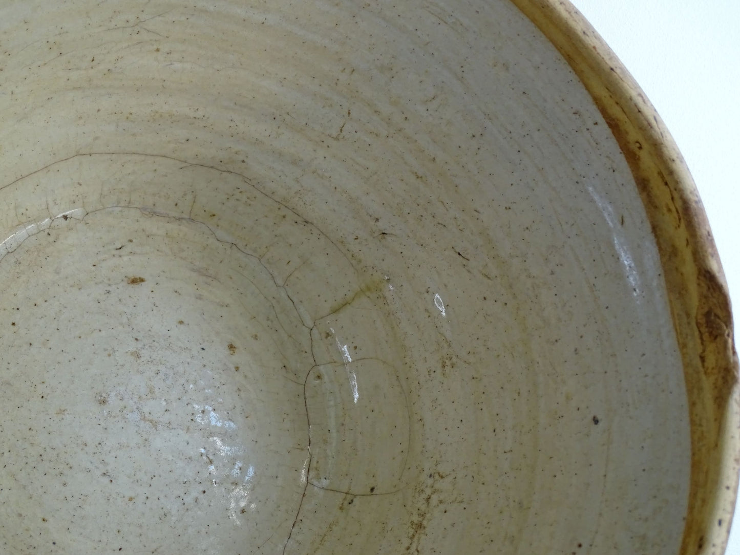 Antique French Terracotta Tian Bowl with Oatmeal Glaze Interior. Rustic terracotta bowl for a farmhouse kitchen