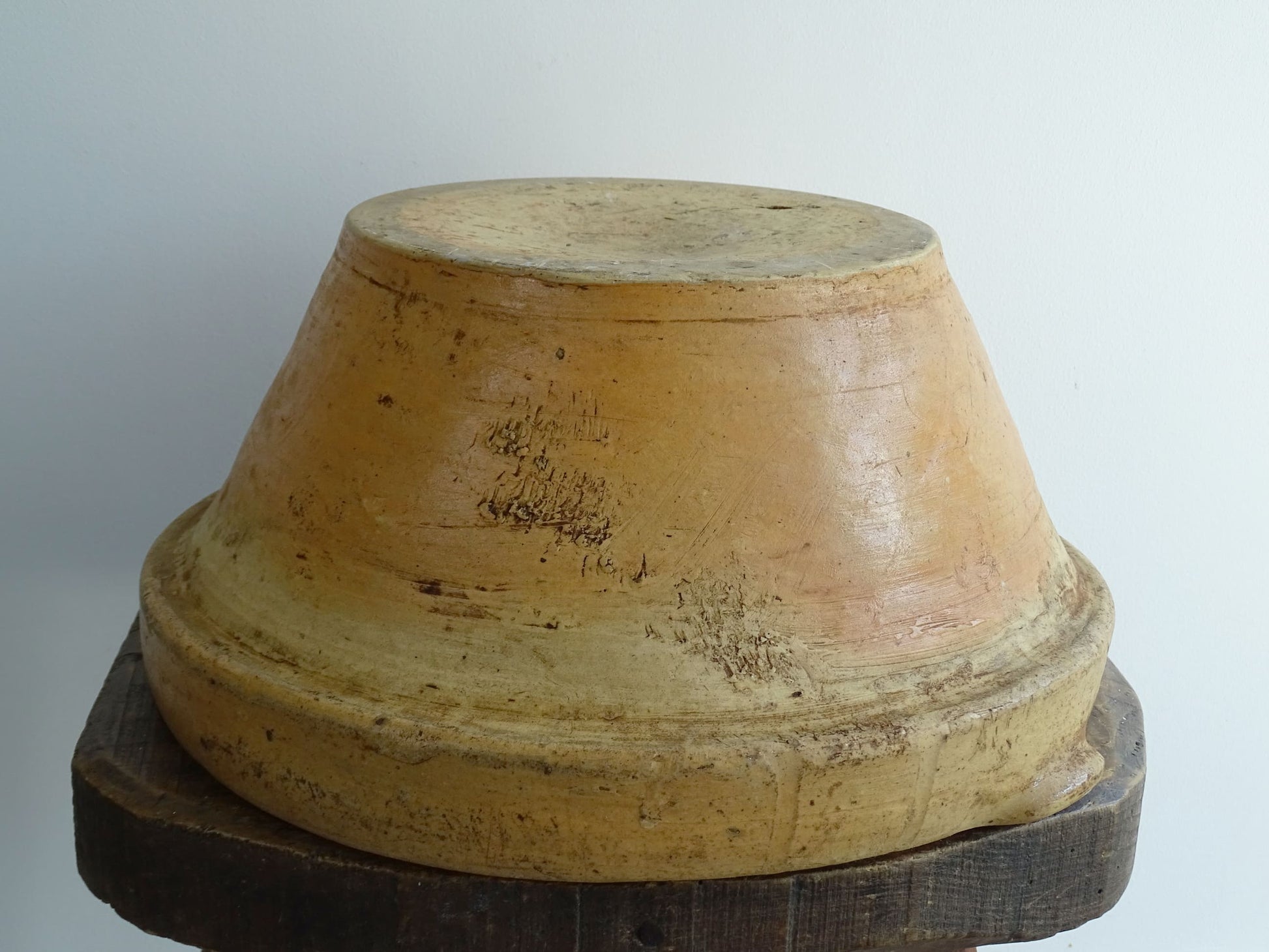 Antique French Terracotta Tian Bowl with Oatmeal Glaze Interior. Rustic terracotta bowl for a farmhouse kitchen