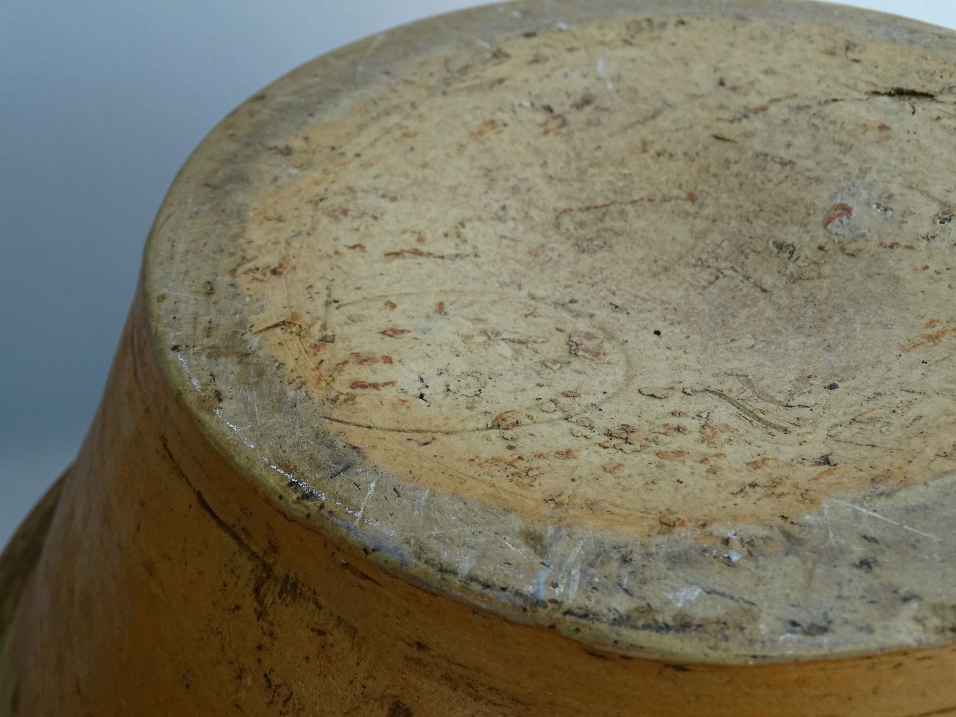 Antique French Terracotta Tian Bowl with Oatmeal Glaze Interior. Rustic terracotta bowl for a farmhouse kitchen