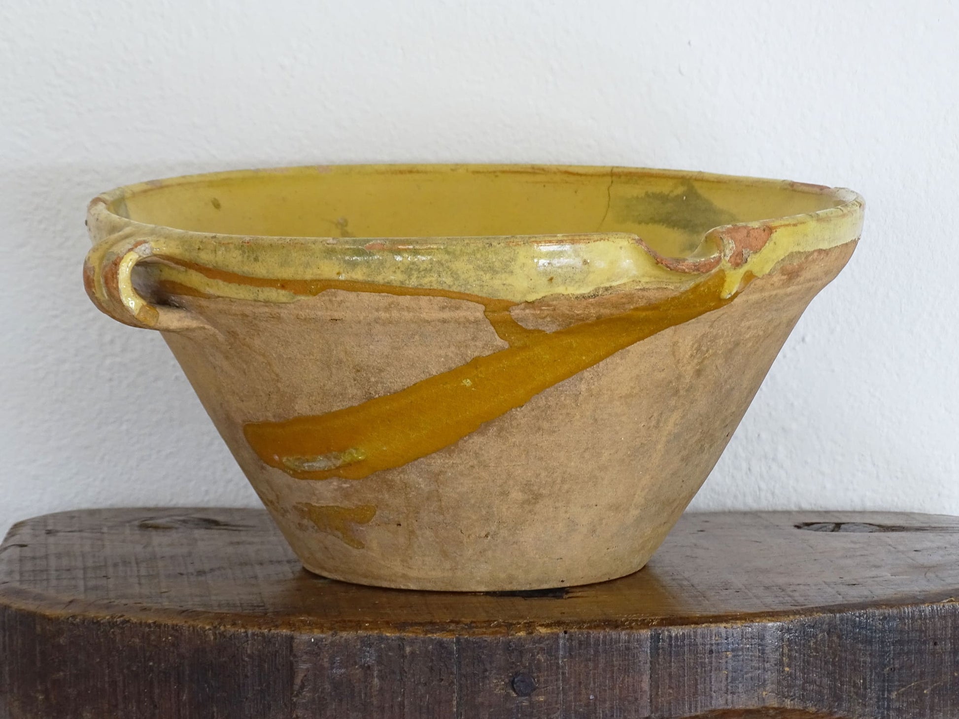 French Antique Tian Bowl with Yellow Glaze, the Earthenware Terracotta bowl has patina and an unglazed exterior