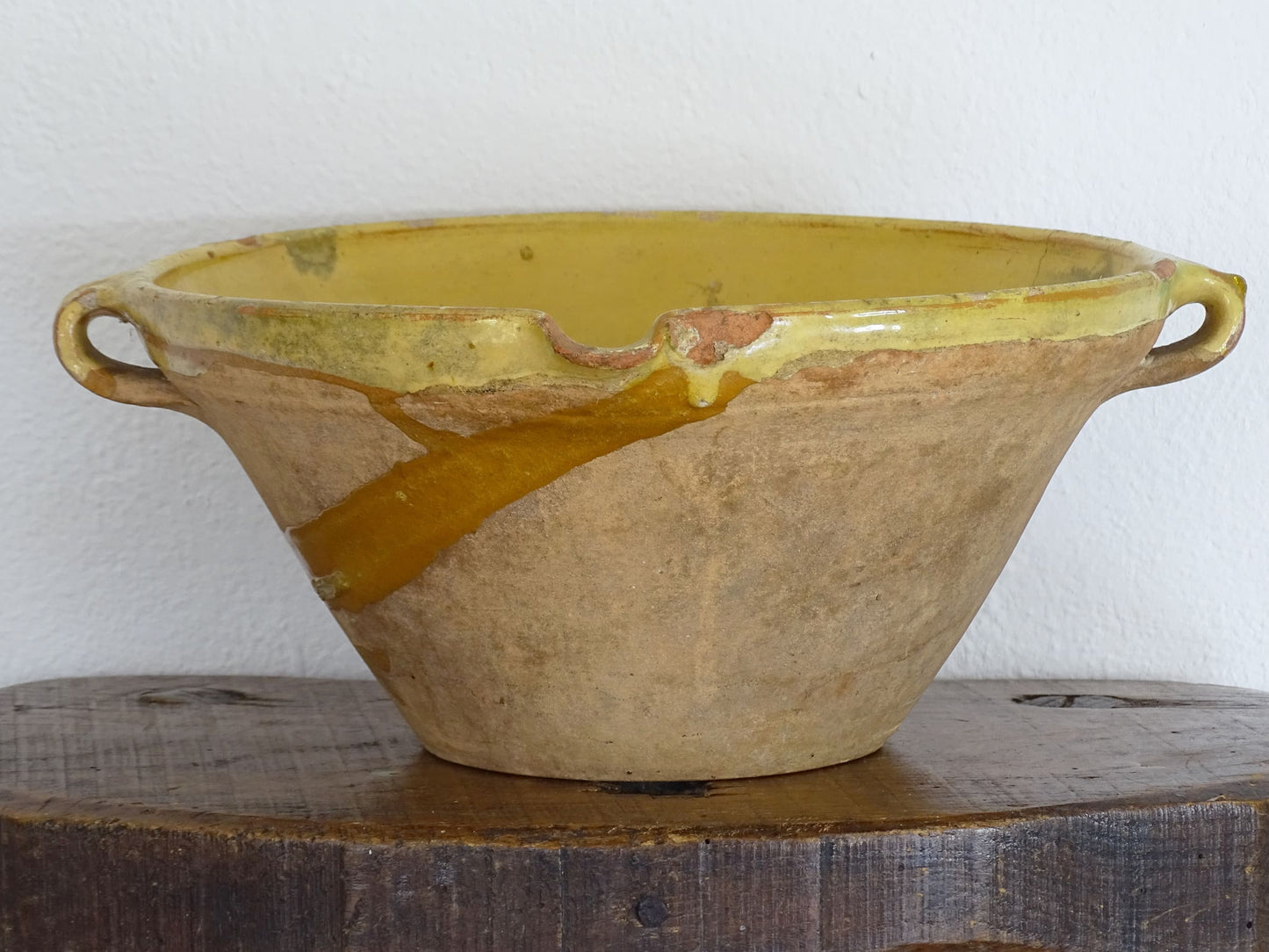 French Antique Tian Bowl with Yellow Glaze, the Earthenware Terracotta bowl has patina and an unglazed exterior