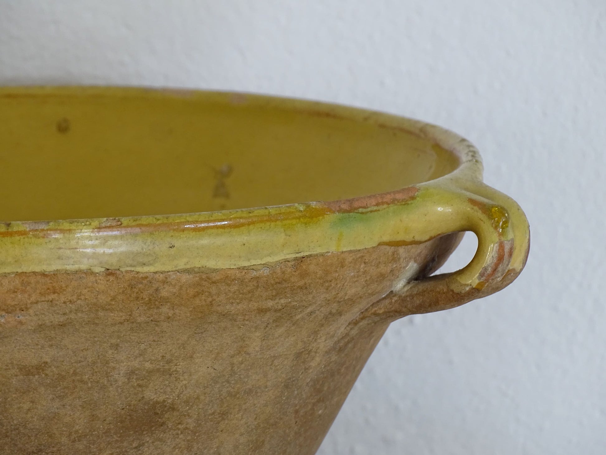 French Antique Tian Bowl with Yellow Glaze, the Earthenware Terracotta bowl has patina and an unglazed exterior