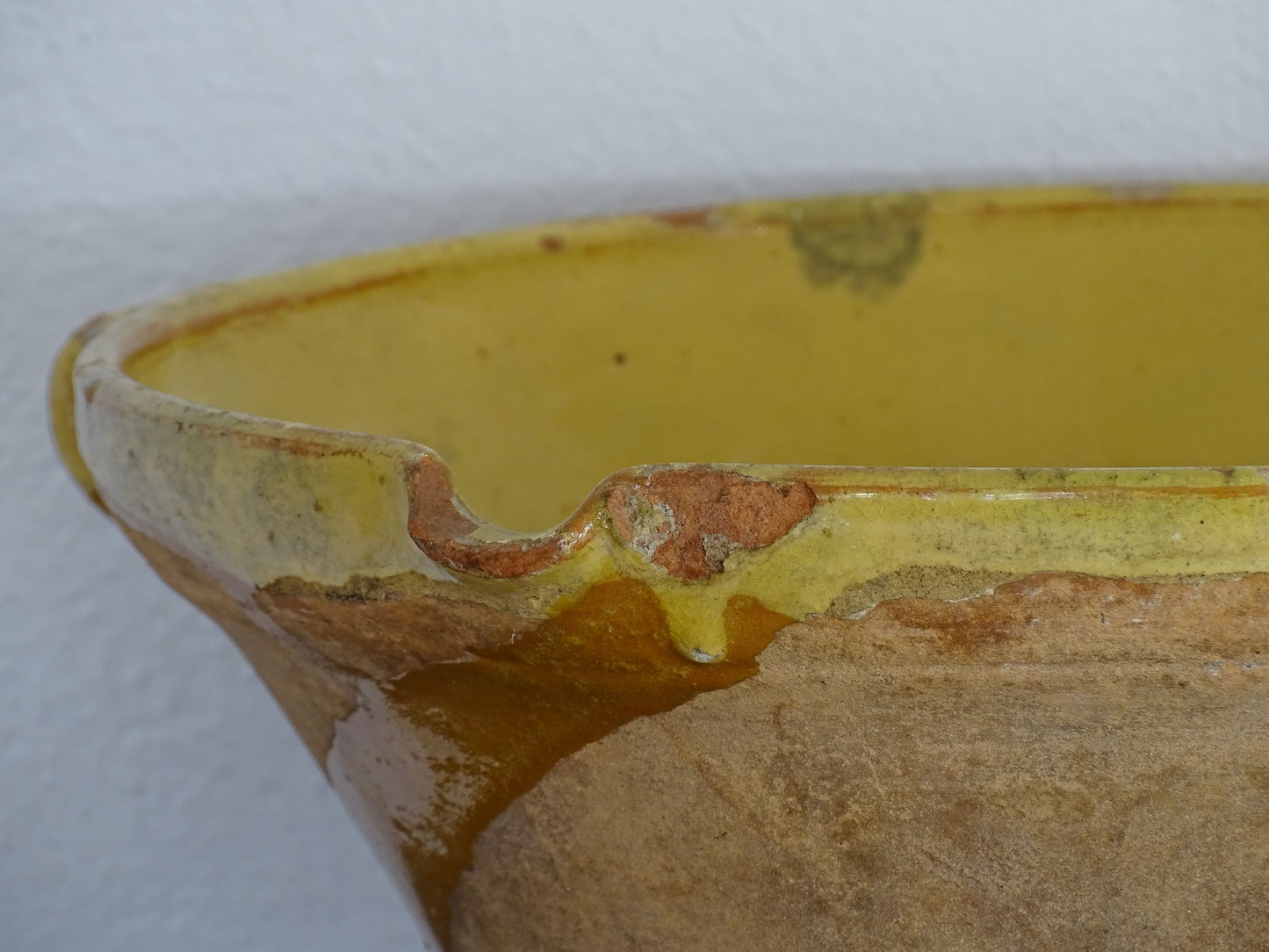 French Antique Tian Bowl with Yellow Glaze, the Earthenware Terracotta bowl has patina and an unglazed exterior