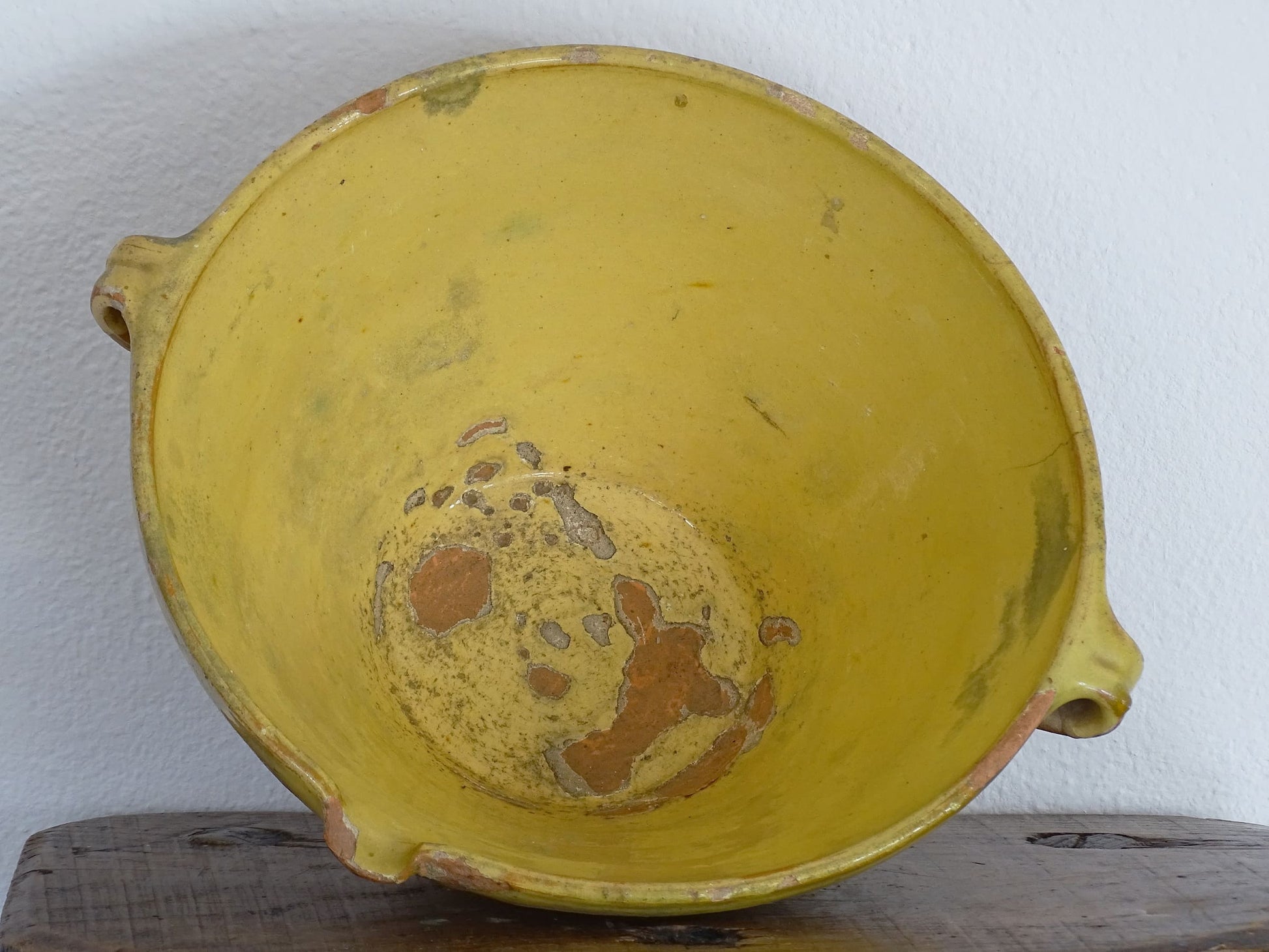 French Antique Tian Bowl with Yellow Glaze, the Earthenware Terracotta bowl has patina and an unglazed exterior