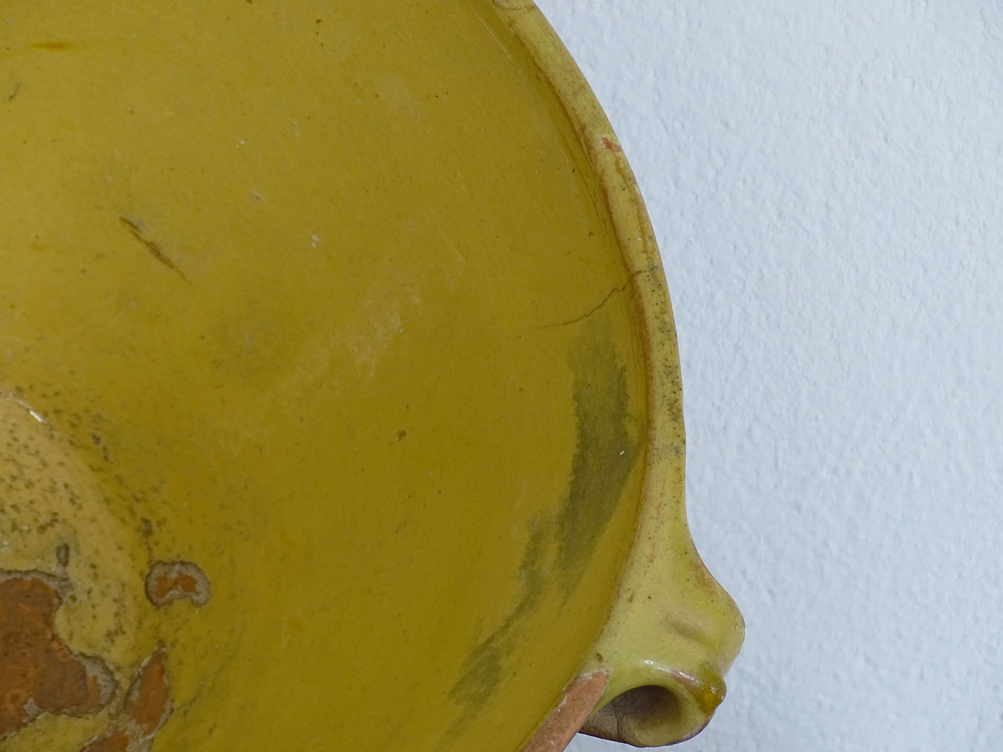 French Antique Tian Bowl with Yellow Glaze, the Earthenware Terracotta bowl has patina and an unglazed exterior