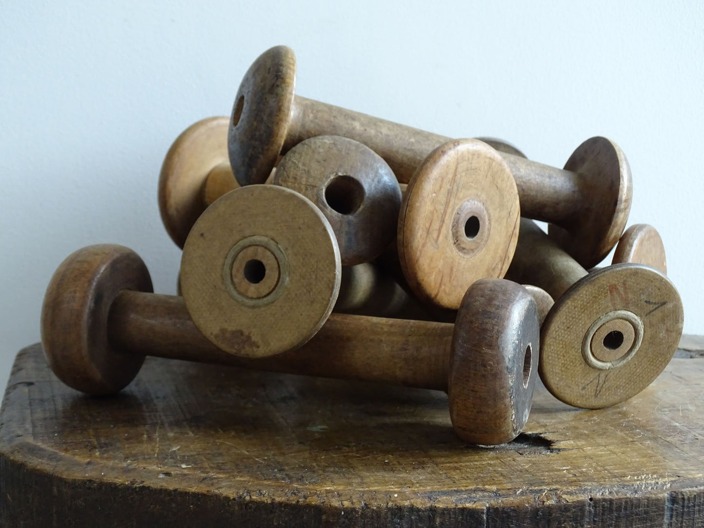 Collection of 8 Vintage and Antique Wooden Bobbins 