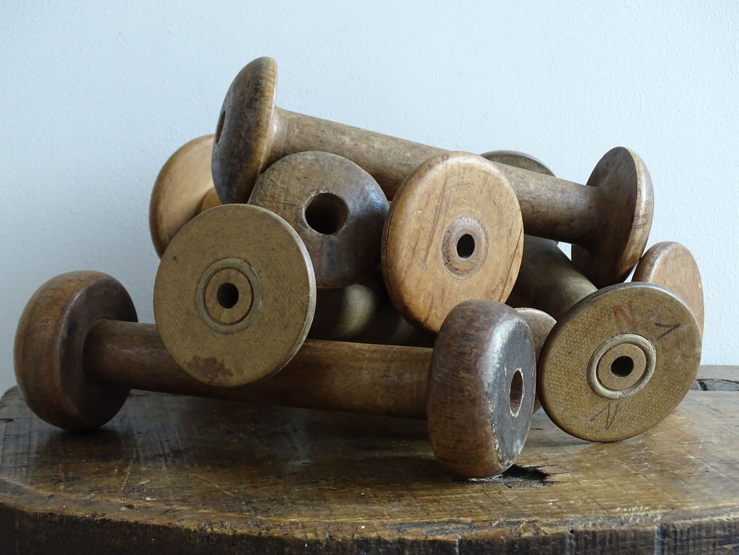 Collection of 8 Vintage and Antique Wooden Bobbins 