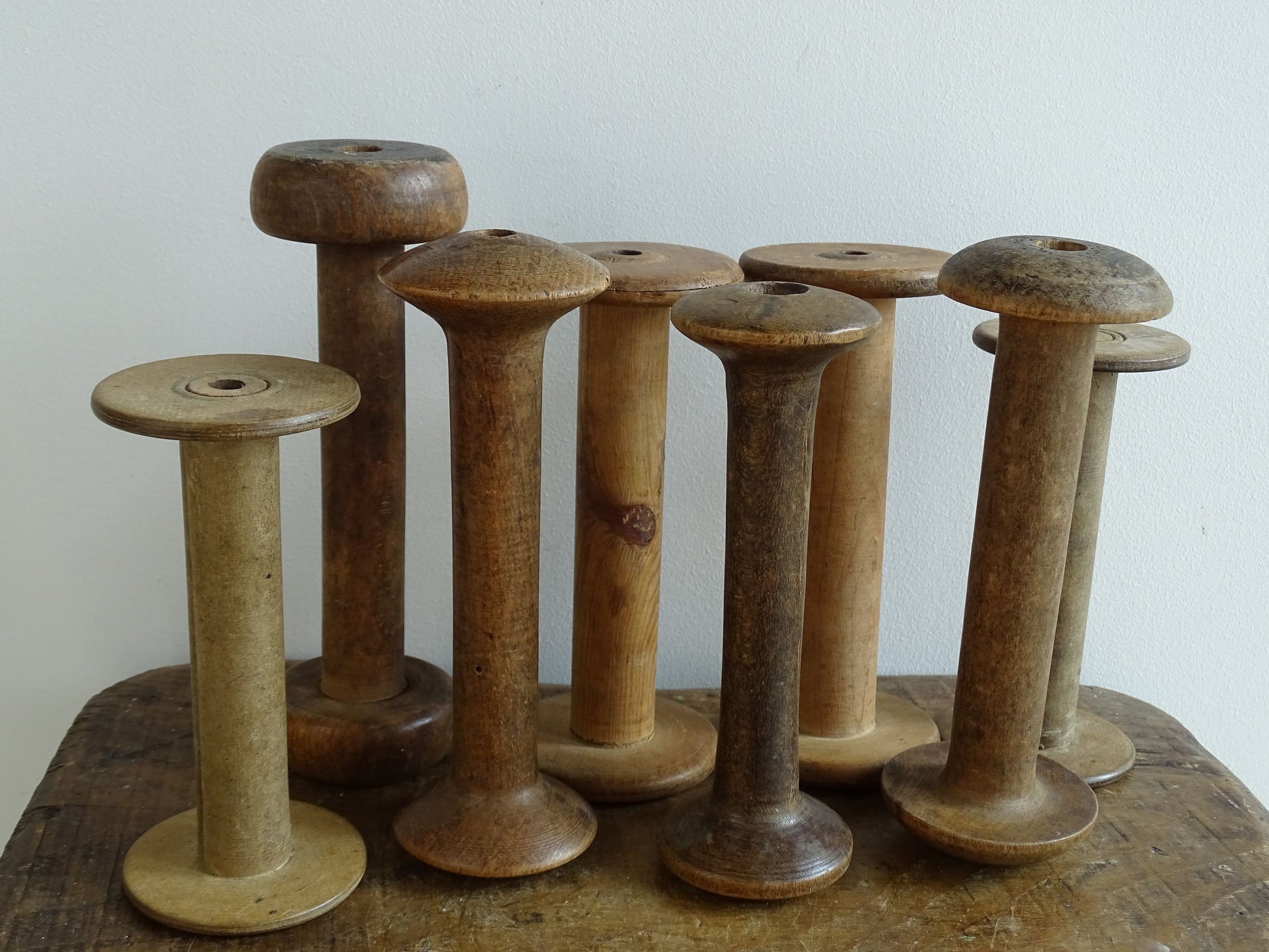 Collection of 8 Vintage and Antique Wooden Bobbins 