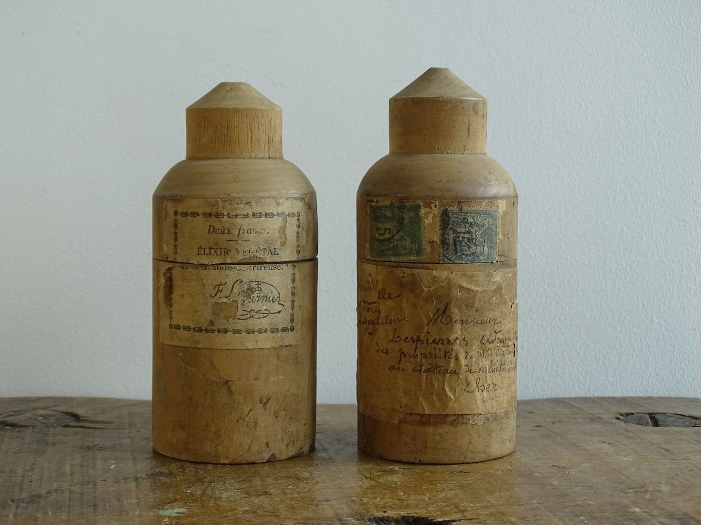 Two Antique French Glass Vials in Wooden Cases, Antique glass bottles, Elixir Végétal de la Grand-Chartreuse