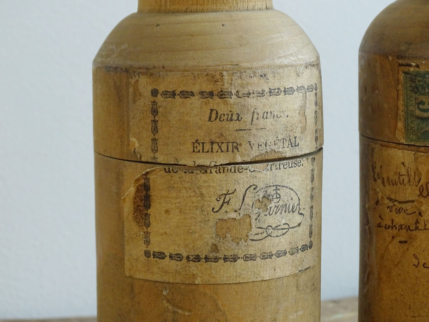 Two Antique French Glass Vials in Wooden Cases, Antique glass bottles, Elixir Végétal de la Grand-Chartreuse