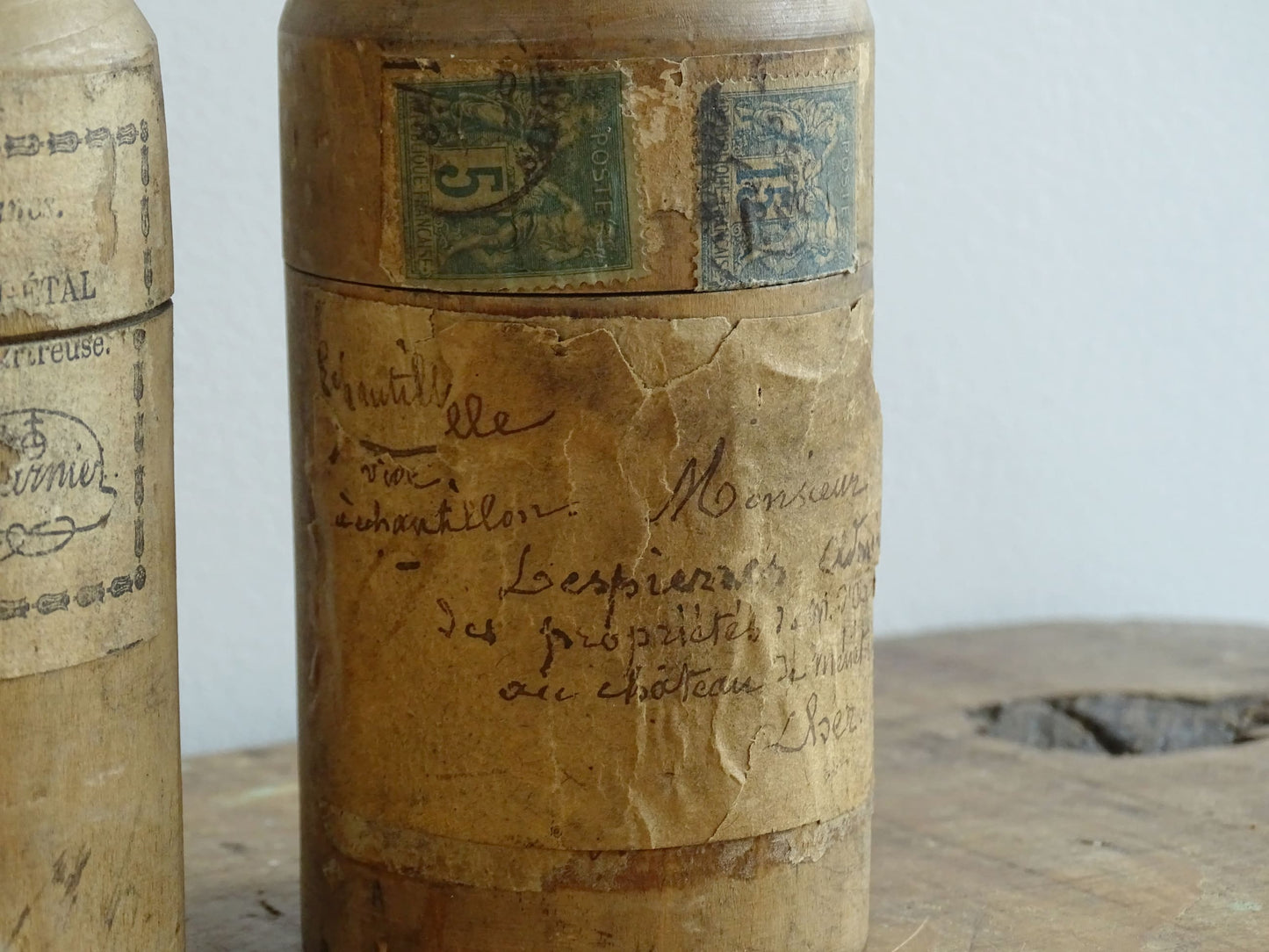 Two Antique French Glass Vials in Wooden Cases, Antique glass bottles, Elixir Végétal de la Grand-Chartreuse