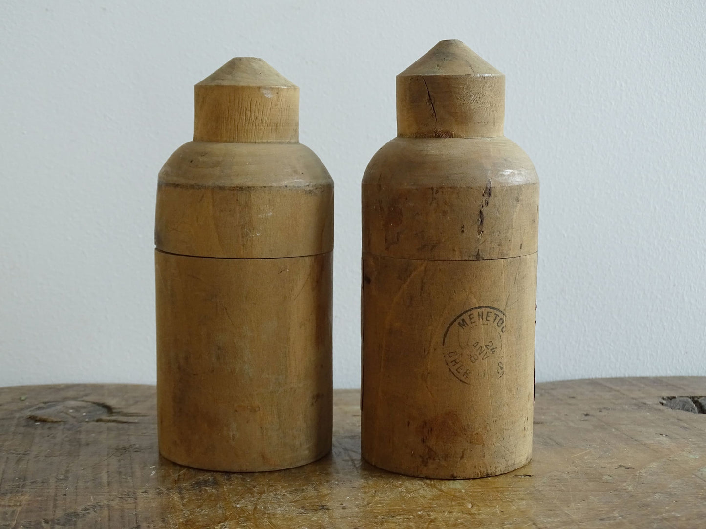 Two Antique French Glass Vials in Wooden Cases, Antique glass bottles, Elixir Végétal de la Grand-Chartreuse