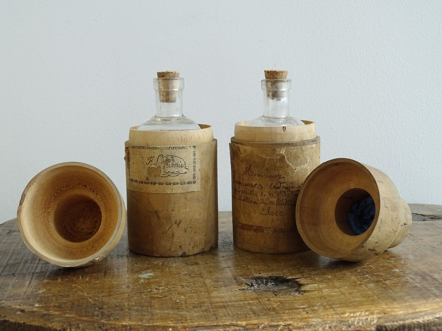 Two Antique French Glass Vials in Wooden Cases, Antique glass bottles, Elixir Végétal de la Grand-Chartreuse