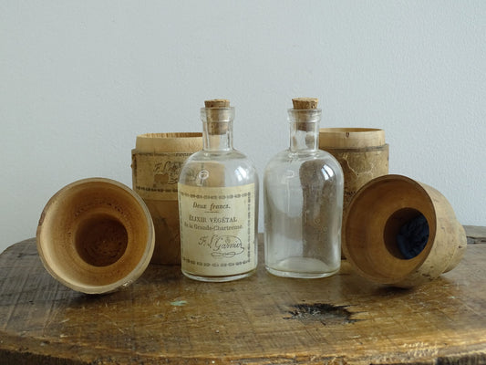 Two Antique French Glass Vials in Wooden Cases, Antique glass bottles, Elixir Végétal de la Grand-Chartreuse