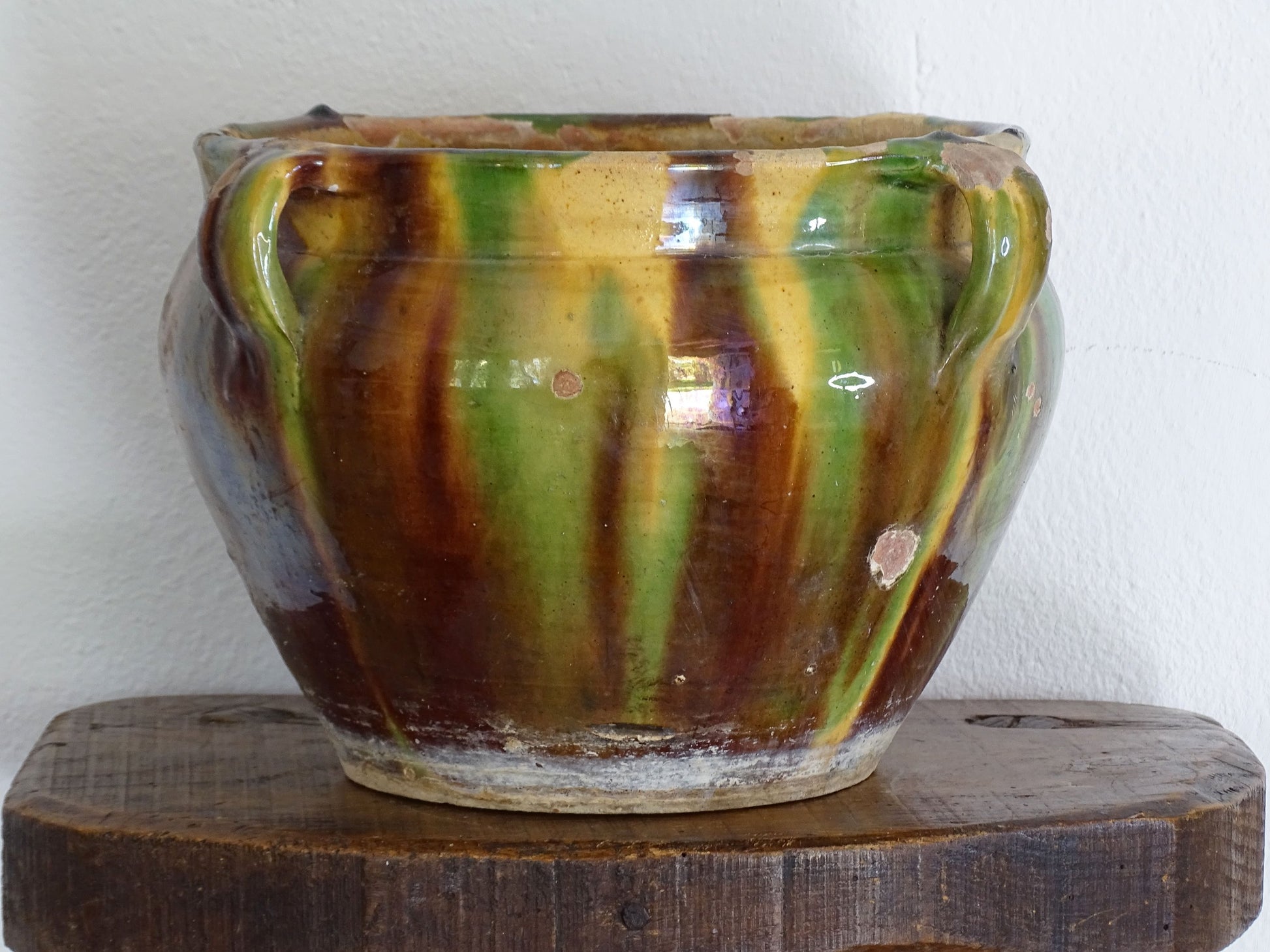 Antique French Striped Glazed Yellow, Green and Brown Terracotta Planter or Cache Pot from Castelnaudary