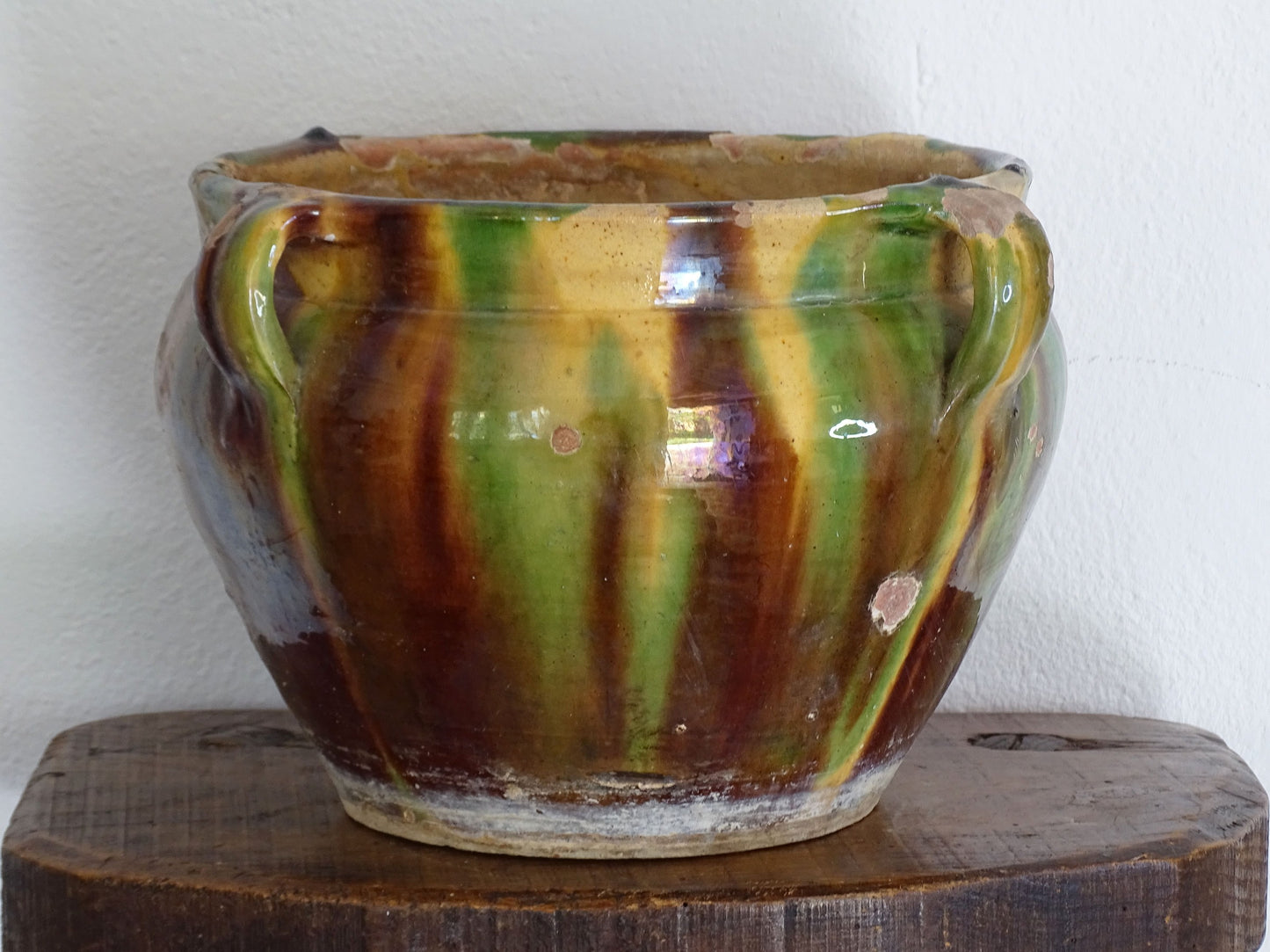 Antique French Striped Glazed Yellow, Green and Brown Terracotta Planter or Cache Pot from Castelnaudary