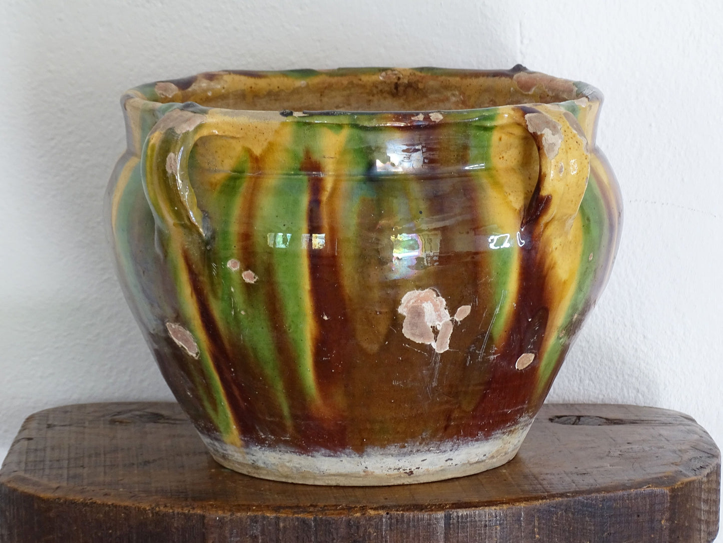 Antique French Striped Glazed Yellow, Green and Brown Terracotta Planter or Cache Pot from Castelnaudary