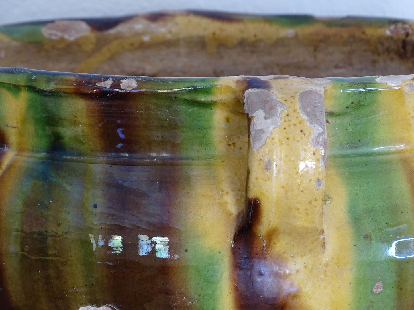 Antique French Striped Glazed Yellow, Green and Brown Terracotta Planter or Cache Pot from Castelnaudary