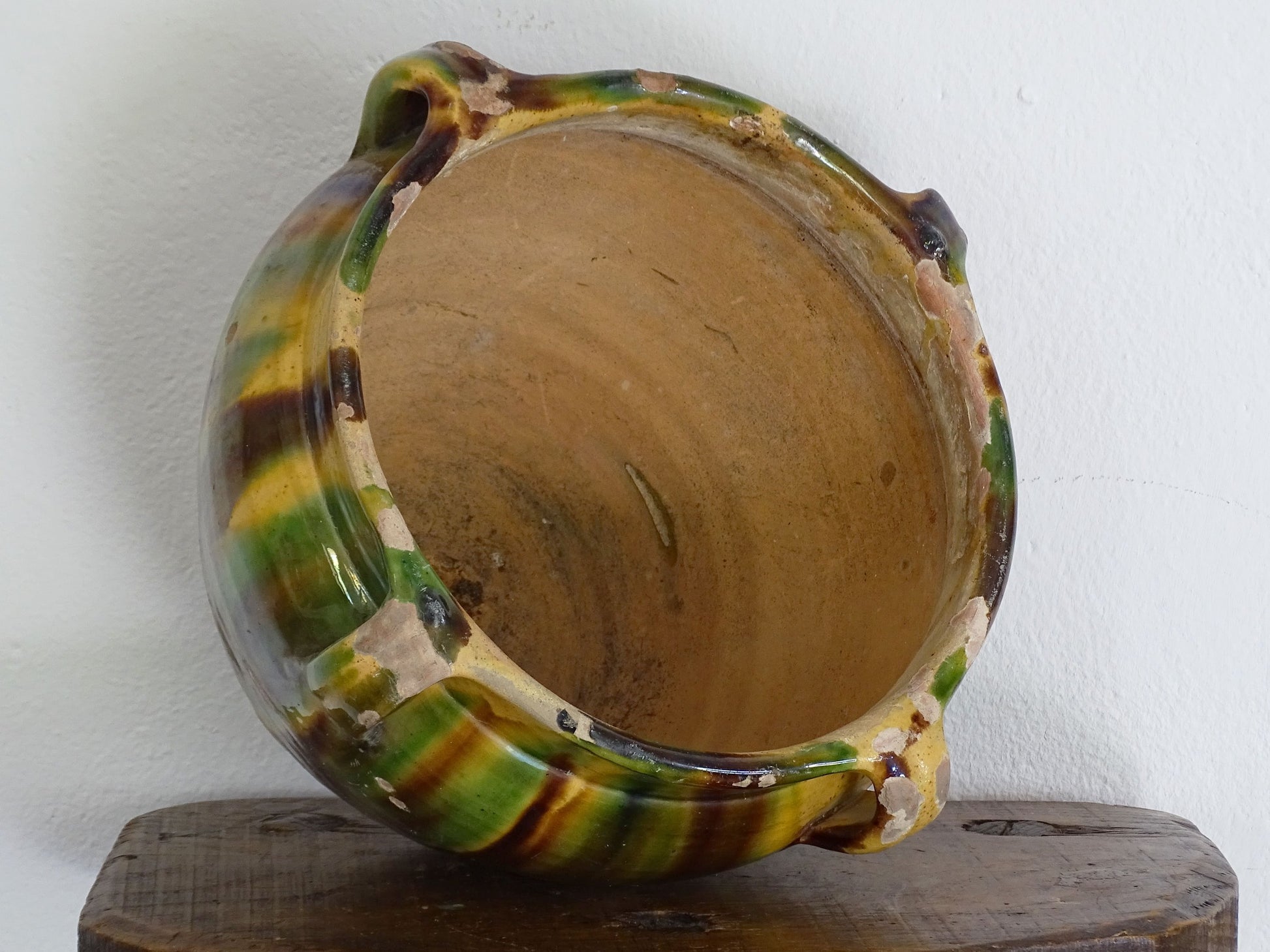 Antique French Striped Glazed Yellow, Green and Brown Terracotta Planter or Cache Pot from Castelnaudary