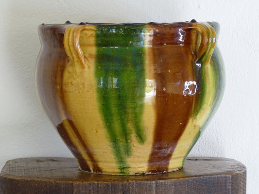 A Large Antique French Striped Drip Glazed Terracotta Planter or Cache Pot from Castelnaudary 