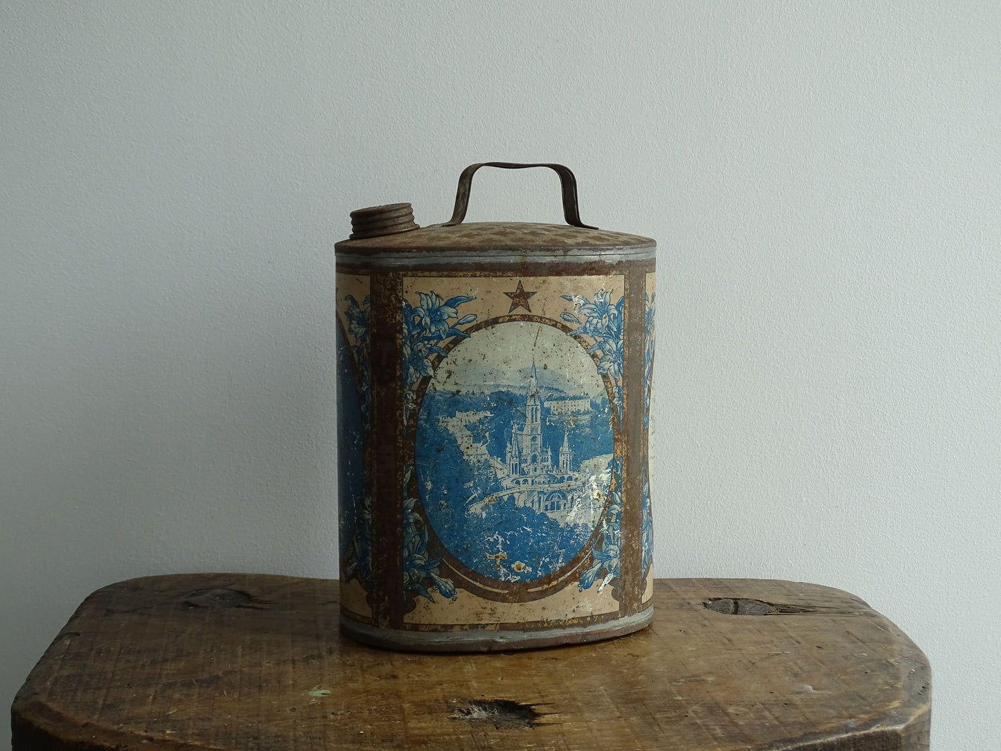 Antique Lourdes Water Flask Souvenir, Blue Pewter Tin