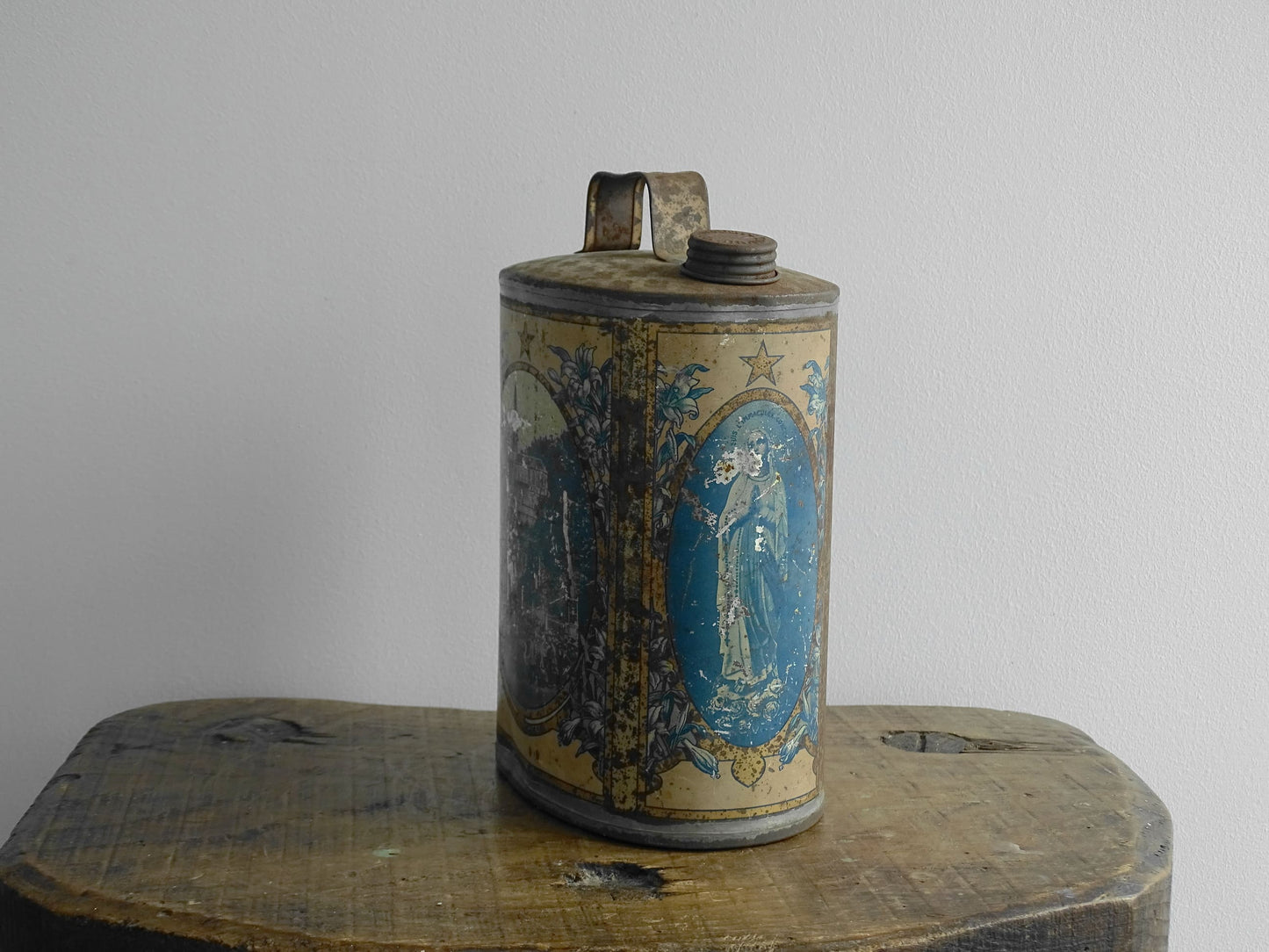 Antique Lourdes Water Flask Souvenir, Blue Pewter Tin