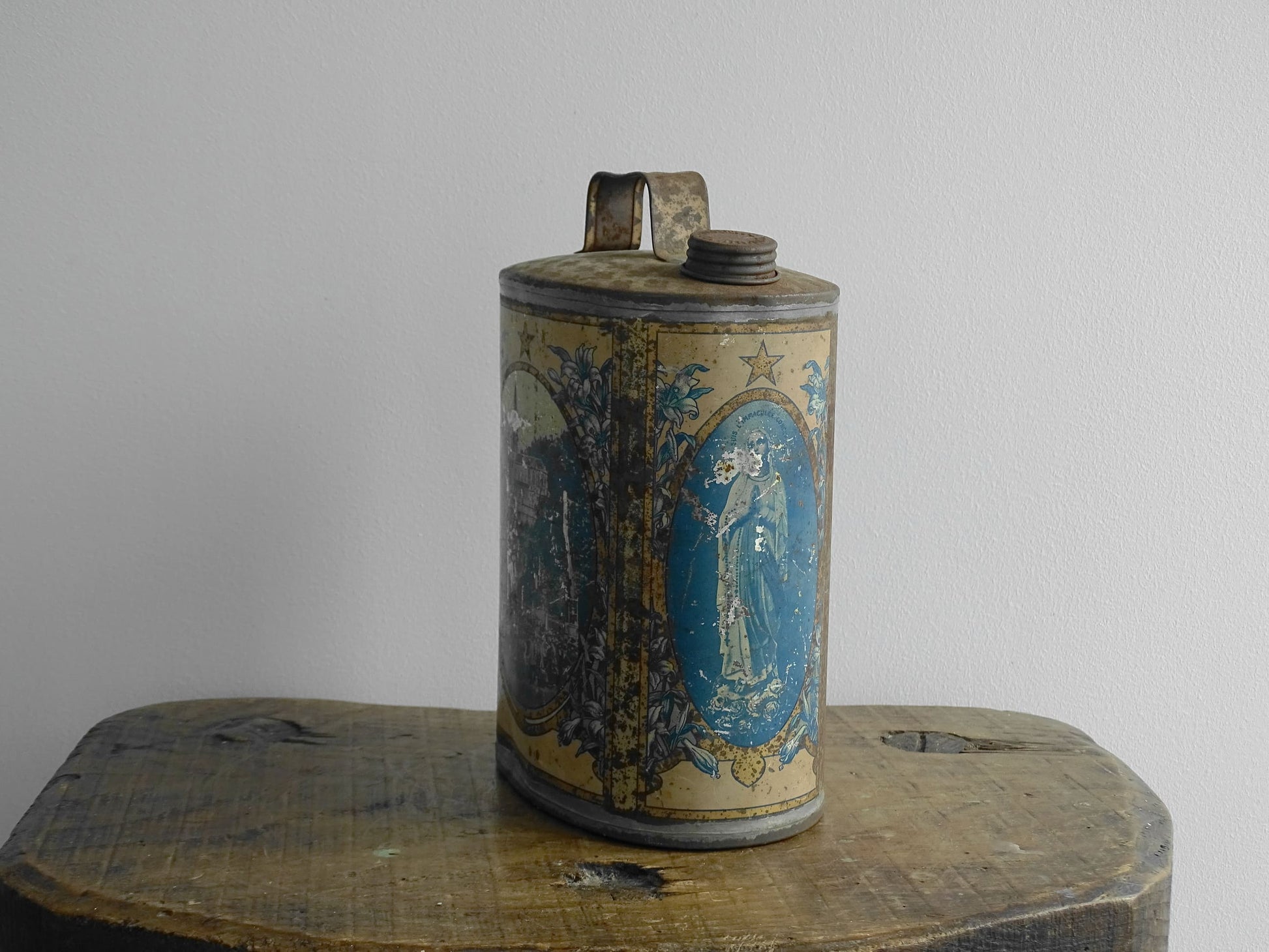 Antique Lourdes Water Flask Souvenir, Blue Pewter Tin