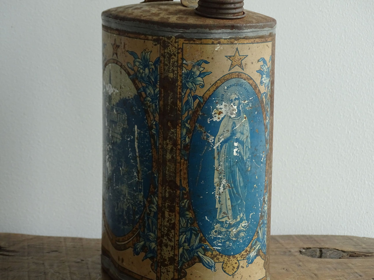 Antique Lourdes Water Flask Souvenir, Blue Pewter Tin