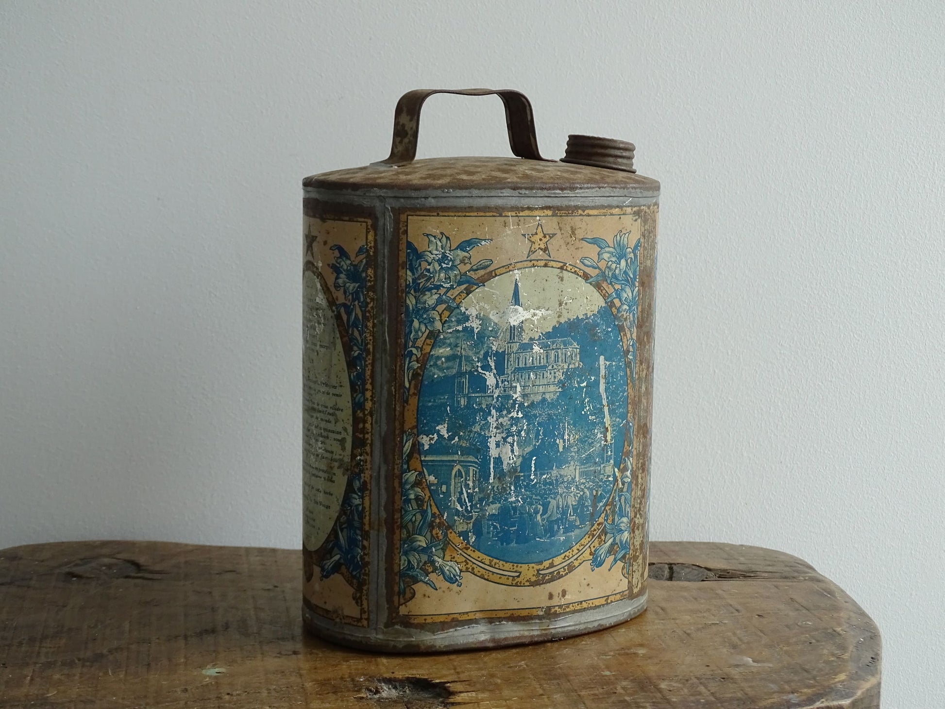 Antique Lourdes Water Flask Souvenir, Blue Pewter Tin