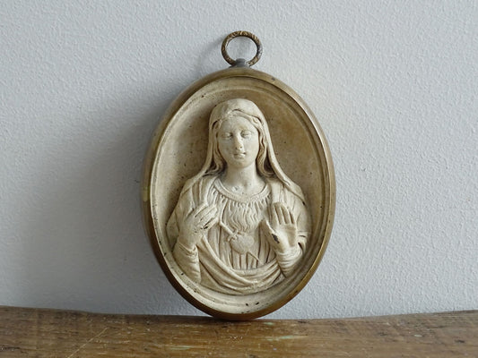 Antique Plaster Relief of the Sacred Heart of Mary Encased in a Brass Frame